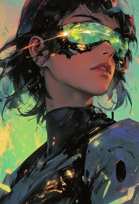 A hyper-realistic close-up portrait of a young woman with shoulder-length black hair styled in edgy, futuristic layers, adorned with glowing tips. She wears mecha eyewear with a neon green visor that transitions into iridescent shades of teal and gold. The frame is sleek, with angular edges and fine mechanical detailing. Her expression is fierce and confident, with flawless skin highlighted by the neon reflections. She wears a high-tech bodysuit with integrated LED lines and metallic panels. The background depicts a hazy rendition of The Great Wave off Kanagawa by Hokusai, its powerful waves blending seamlessly with the neon tones, amplifying her intense, defiant aura.