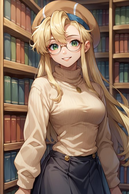 score_9, score_8_up, score_7_up, score_6_up, source_anime, 1girl, solo,  <lora:clarissaarwin-pdxl-nvwls-v1-000005:1> clarissa arwin, blonde hair, hat, long hair, glasses, beige sweater, turtleneck, black skirt, medium breasts, library, looking at you, smile