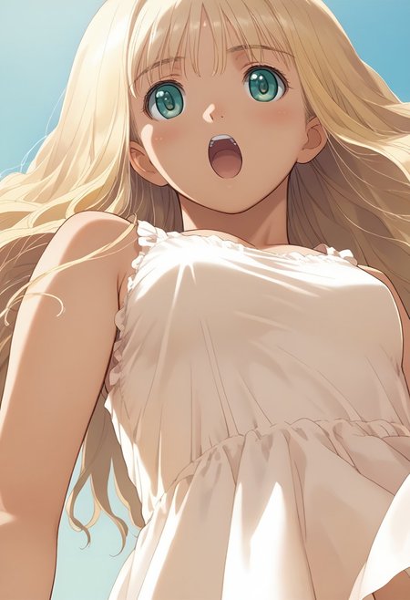 hortensia,score_9,score_8_up,score_7_up,source_anime,best_quality,masterpiece,super_fine_illustration,8k,1girl,adorable_girl,very_long_hair, blonde hair, (((tiny-medium breasts))), (neutral expression), half-open mouth, nature, (((long white sundress))), lower body, low angle