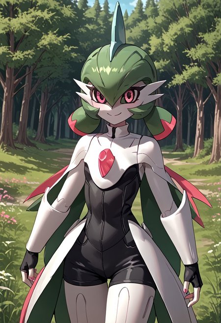score_4,score_5,score_6,score_7_up,score_8_up,score_9 ((masterpiece,best quality,ultra detailed,highres,HD,4k:1.2)), 
1 girl,solo,face focus,
((ironvaliantsv,pokemon (creature), solo,colored skin, white skin:1.2)),
green hair,low twintails,pink eyes,colored sclera,
cape,shirt,sleeveress shirt,fingerless gloves,shorts,black shorts,jewelry,
outdoors,in the forest,day,
standing,
smile,.blush,light smile,