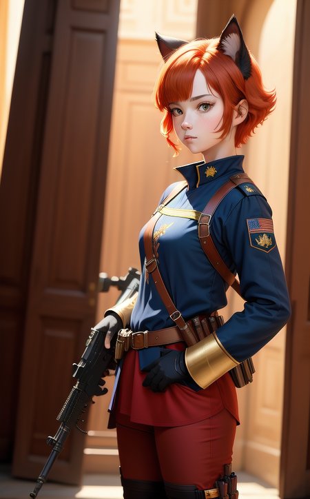 renaissance soldier, girl, red cat tail, cat ear, adult girl,
portrait, realistic, wallpaper,
1girl, solo, standing, full body view
red hair, short hair, red eyes, 
tunic blue and gold, gun Renaissance rifle