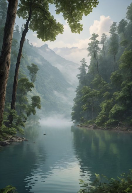 8k, breathtaking,view of a lush forest by the riverside, deep jungle, morning lake mist, masterpiece, award-winning, professional, highly detailed, mist, style-nebmagic