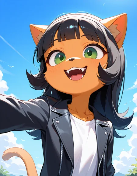 masterpiece, best quality, very aesthetic, absurdres,
outdoors, 
headshot, 
white t-shirt, black jacket,
smile, parted lips, fangs, 
<lora:Kitty_Katswell_v01_NAIXL:1>
K1tty_Kat6w3311, 1girl, solo, furry, furry female, animal ears, long hair, black hair, hairband, blunt bangs, flipped hair, green eyes, animal nose, body fur, orange fur, cat tail,