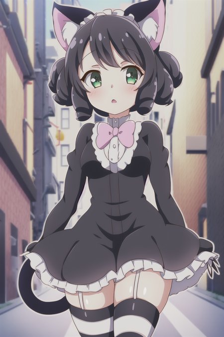 1girl, show_by_rock, cat ears, short black hair, (street background), striped stockings, cat tail, dress, green eyes, curly hair, curls