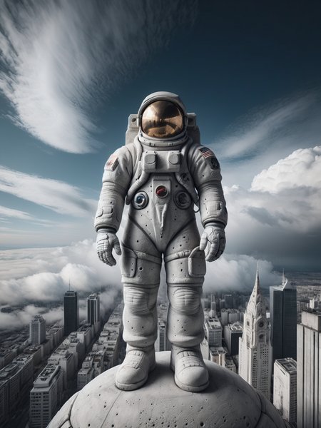 gigantic astronaut made of mad-concrete standing in the middle city, clouds, cityscape,  from below, <lora:Concrete_Style_SDXL:1.2>, masterpiece, best quality, ultra high res, (photorealistic, realistic:1.2), deep shadow, raw photo, film grain, Fujifilm XT3, 8k uhd, dslr