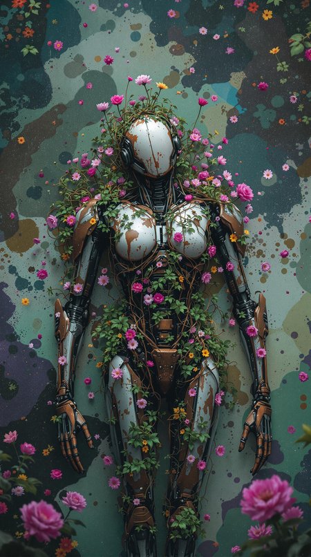An abandoned cyborg that's very old and shutdown, lying on it's back in a monumental rainstorm. completely covered in vines and foliage. Empty eyes, Non-Human. Rusted components. Centered. ((Flowers sprouting)) out from within. Watercolor splatter backdrop. mesmerizing, solo, vibrant, Masterpiece, (8k:1.5), enhanced resolution, best quality, enhanced details, best artist, sharp edges, detailed textures, (full body shot), atmospheric lighting, visually stunning, perfect composition, trending on behance