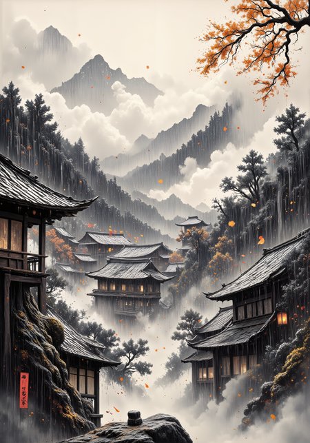 Sumi-e rainstorm depiction on aged washi paper, monochromatic black ink with splashed mineral pigment accents, capturing mountain village during autumn downpour. Dramatic brushstrokes reveal distant temple roofs through misty veil, pine trees bending against wind. Negative space suggests heavy rainfall using traditional hatajirushi technique. Embodying yugen aestheticâmysterious depth and profound atmosphere. Imperfect ink splatters celebrate wabi-sabi philosophy. Weathered red seal mark in corner. Asymmetrical composition with strong diagonal movement, water droplets rendered with tsukuri-com technique. Contemplative melancholy of mono no aware present in falling leaves caught mid-descent. Subtle gray wash background suggesting mountain silhouettes, minimal yet evocative. <lora:FluxMythR3alisticF:0.7> <lora:New_Fantasy_CoreV4_FLUX:0.8> <lora:flux_semifluid_pigments:0.7> <lora:dreadmirth-art-style:0.2> <lora:flux_dev:1>