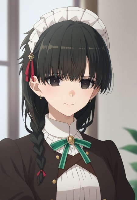 score_9, score_7_up, source_anime, 
yokoya, 1girl, solo, black eyes, black hair, braid, maid headress, jewelry, earrings, maid, shirt, white shirt, ribbon, neck ribbon, jacket, black jacket, portrait, smile, closed mouth,
indoor,