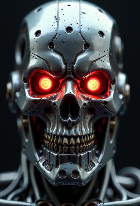 The photograph in question is a stunning, high-detail image of the endoskeleton of a terminator cybernetic machine soldier. The composition of the photograph is expertly executed, with the viewer's focus immediately drawn to the intricate details of the machine's face. The use of close-up framing allows the audience to see every nut, bolt, and weld in sharp relief, creating a sense of awe and wonder at the complexity of the technology on display.
The lighting in the photograph is exceptional, casting deep shadows and bright highlights across the contours of the terminator's skull and mechanical eyes. The backlighting is particularly noteworthy, as it creates a halo effect around the edges of the machine's face, adding an otherworldly quality to the image. This lighting technique also serves to highlight the texture and sheen of the titanium skull, which appears almost organic in its detail.
The mechanical eyes of the terminator are a striking feature of the photograph. They glow with an eerie red light, casting an ominous pall over the rest of the image. This red glow adds a sense of menace and foreboding, hinting at the destructive potential of the machine. The eyes are also incredibly detailed, with intricate wiring and circuitry visible beneath the surface of the glassy lenses.
The intricacy of the detail in the photograph is truly remarkable. Every screw and rivet is perfectly rendered, giving the viewer a sense of the precision and care that went into the construction of the terminator's endoskeleton. The texture of the titanium skull is particularly impressive, with every pore and crevice visible in sharp relief. The wiring and circuitry that crisscross the machine's face are also meticulously detailed, adding to the overall sense of realism.
Despite the cold, mechanical nature of the terminator's endoskeleton, the photograph manages to convey a sense of humanity. The lighting and composition give the machine a sense of depth and character, making it feel almost alive. The red glow of the mechanical eyes adds an emotional charge to the image, hinting at the machine's inner workings and motivations.
Overall, the photograph is a masterclass in high-detail photography. The use of lighting, composition, and backlighting creates a stunning, realistic image that is both fascinating and unsettling. The intricate detail of the terminator's endoskeleton adds to the sense of realism, making it feel like a genuine piece of technology. The red glow of the mechanical eyes adds an emotional charge to the image, hinting at the machine's inner workings and motivations. This photograph is a true work of art, showcasing the power and potential of modern photography.