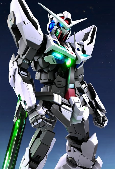 gundam_00, gundam, (gundam_exia), mecha, mobile_suit, gn_drive, gn_particles, v-fin, robot, white_armor, blue_armor, grey_armor, glowing_eyes, green_eyes, science_fiction, light_particles no_humans, sparks, sword, weapon,
