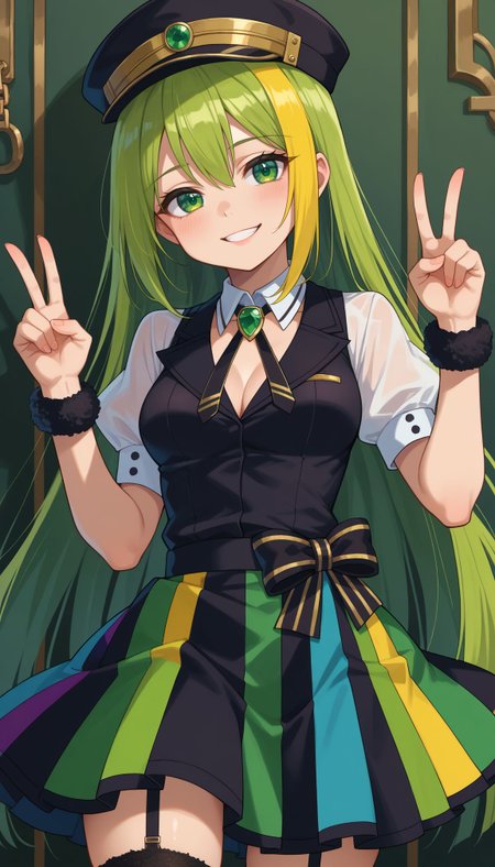 score_9, score_8_up, score_7_up, score_6_up, , solo, 20yo woman, (Beuty:1.1) , (cute:1.3), ,perfecteyes , seductive smile,perfect,  
,<lora:alina_gray:0.8> , green eyes,  very long straight green hair with a yellow streak, sidelocks, blunt ends,  lock between her eyes.
alina_gray, 1girl, striped_skirt, vertical-striped_skirt, green_gemstone, white_sleeves, brooch, necktie, cross_tie, black_necktie, sleeve_cuffs, chain, thighhighs, breasts, blonde_hair, shirt, fishnets, fur-trimmed thighhighs, fur cuffs, fur trim, garter straps
 close portrait, face focus, V sign, smile, upper body,