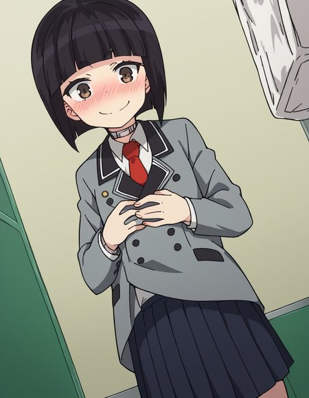 score_9, score_8_up, score_7_up, source_anime, <lora:otome-saotome-s1-ponyxl-lora-nochekaiser:1>, otome saotome, short hair, black hair, brown eyes, blunt bangs,, skirt, school uniform, pleated skirt, necktie, black skirt, red necktie, grey blazer, long sleeves,, messy room, clutter, clothes on floor, disorganization, laundry, smile, hands on stomach, blush,, looking at viewer, solo,, dutch angle, cowboy shot