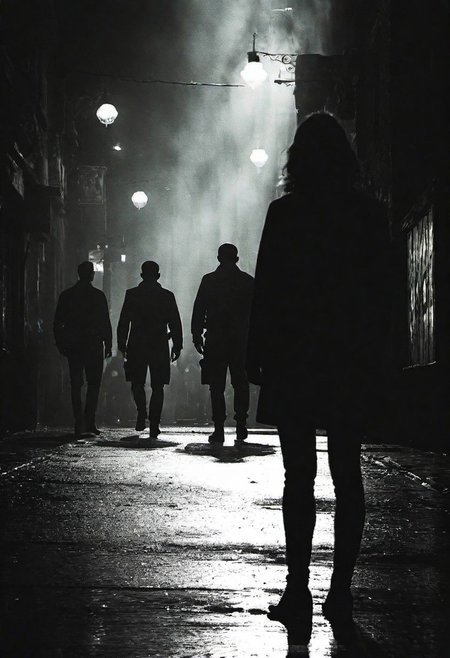 cinematic photo dark photo of a woman being confronted a group of dangerous men, on a dark city street, <lora:Into_Darkness:1>, 35mm cinematic , film, bokeh,  professional, 4k, highly detailed, 35mm photograph, film, bokeh,  professional, 4k, highly detailed