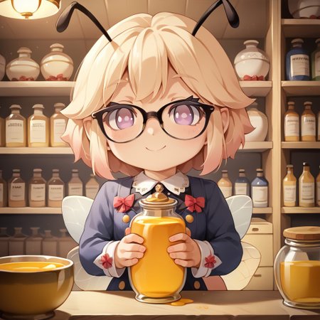 score_9,score_8_up,score_7_up,score_6_up, source_anime, (8k, masterpiece, best quality, cinematic lighting, ultra high res), (extremely detailed image, high resolution, 5k resolution:1.0), (ultra HD quality details), 1girl, anime, slightly chibi, cute bee girl, (Bee girl), smile :3, in a store, standing behind counter, offering jar of honey, glasses of honey, shelves with glasses of honey, (detailed image, high resolution, 5k resolution:1.0), terrace, at night,(masterpiece:2),(best quality:1.1),ultra highres,original,extremely detailed, perfect hands, perfect lighting, moe, HappoubiJP