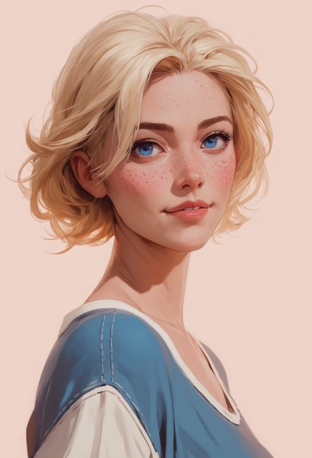 safe_pos, score_9, score_8_up, score_7_up,solo, 18yo,  (1girl:1.1),  (cute:1.3), (petite:1.1), (Pulp Fiction), from side, standing, looking at viewer, (realistic image:1.0), simple color background  , (beautiful, seductive, curvy, sexual),   complexion, skin detail, blonde hair, blue eyes, (freckles:1.1)