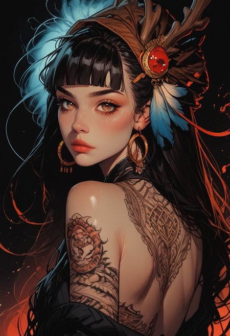 masterpiece, best quality, good quality, very aesthetic, absurdres, newest, 8K, depth of field, focused subject, 1girl, solo, hoop earrings, black hair, exotic hair, (hair ornament:1.4), detailed headdress, exotic headdress, glowing hair, feather, dreadlocks, (shaman), long hair, back tattoo, looking at viewer, from side, blunt bangs, upper body, arm tattoo, dragon tattoo, eastern dragon, shoulder tattoo, bare shoulders, long hair, brown eyes, yakuza, cuddling with eastern dragon, black background