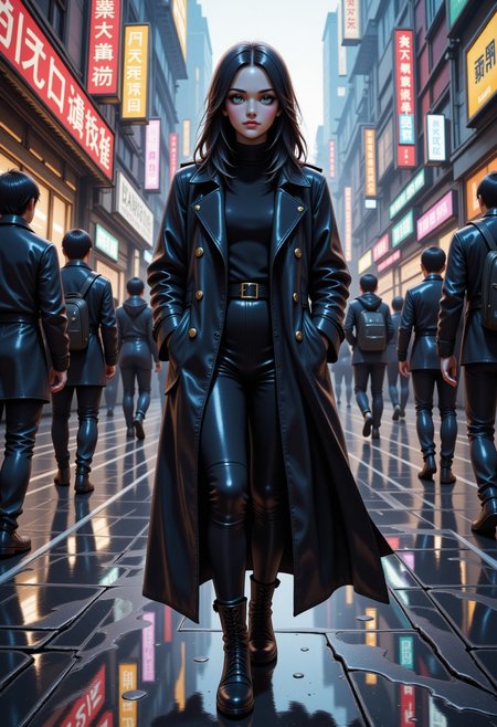 Jeddtlv3,  illustration, lady walking in busy crowdy street, classic long black coat, by Agnes Cecile, High Contrast, lumen reflections, raining, with puddles, face to the camera, looking to the viewer, Ink,
.in the style of Jedspy, psychedelic colors