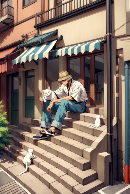 1boy, male focus, urahara kisuke, bleach , (90s anime style:1.5), front view, outdoors, street view, (looking down:1.3), perfecteyes, isometric, sitting on stairs, shirt, denim shorts, 1 white cat sitting next to them, petting the cat <lora:detailed_notrigger:1> <lora:ParchartXL_CODA:0.2> <lora:Isometric Cutaway:1> <lora:PerfectEyesXL:1> <lora:ral-drptpl:0.1> <lora:FILM_PHOTOGRAPHY_STYLE:0.6> <lora:Surreal Harmony:0.2>