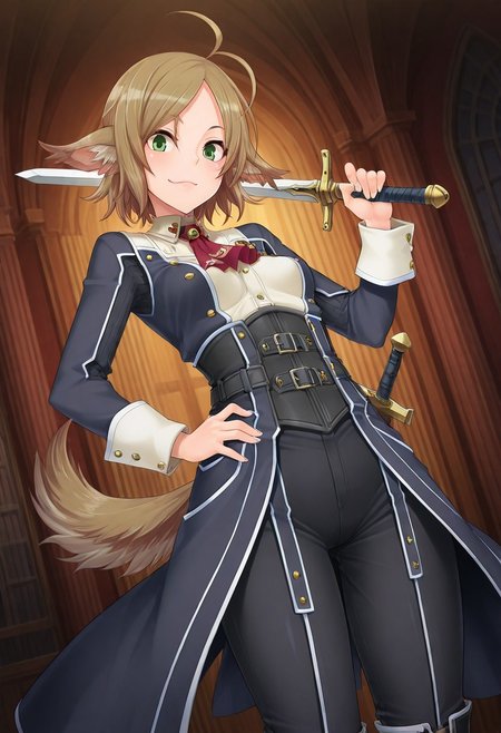 (1girl, solo) noa riads, animal ears, Green Eyes, tail, brown hair, short hair, Pretty eyes, , 1girl, solo,, brown hair,, fluffy tail, ahoge, animal ears, dog ears, small breasts, swept bangs , green eyes, animal ears, tail, , ,
Eye focus , shiny skin, shiny body, shiny hair, (best quality) , (highly detailed) ,((masterpiece)), ((best quality)), (ultra-detailed), ((extremely detailed)), (high resolution), 4K, (8K), best quality, (beautiful), (dynamic lighting), (super detailed skin), sharp focus,detailed eyes、detailed face and detailed skin detailed eyes、detailed face and detailed skin,  , clear skin, shiny hair, ultra detailed eyes, depth of field, sharp, intricate details, hyperdetailed, , 
, best quality, (beautiful), (dynamic lighting)  (standing, 3/4 view), perfect face, beautiful face, defined cheekbones, defined jawline, confident expression, narrow eyes, one hand on hip, perfect hands, black coat with decorative golden symbols, black leather underbust corset, black trousers, black boots, sword, sword on hip,
  ,, shindol style
