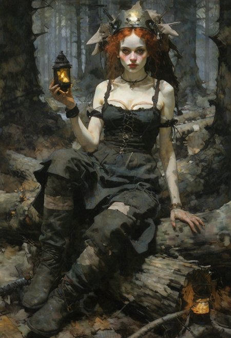 1girl, slender attractive  seated on a fallen log in the forest, (dress:0.5), black eyesockets, headdress, armlet, harness, smile, closed mouth, nature, boots, busty, holding, holding lantern, dark, night, oil painting by Egon Schiele and Jan vermeer
 <lora:Witch_SDXL_r1:1> w1+ch, (witch:0.25) <lora:Dramatic Lighting Slider:1> <lora:Breast Size Slider:1>