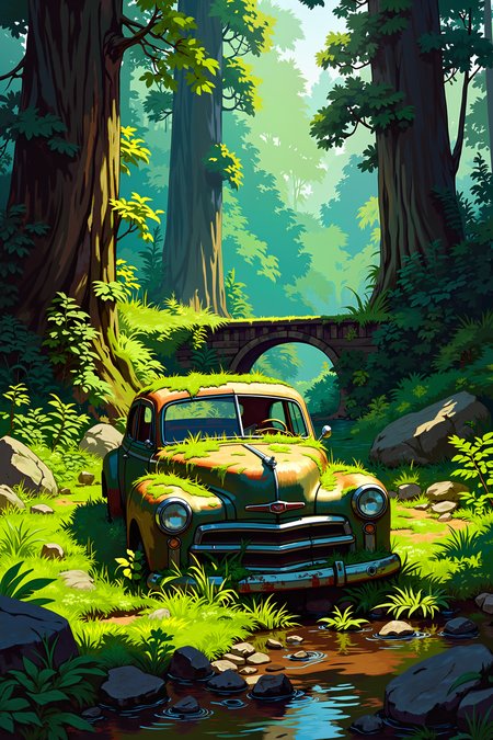 a lush, dense forest scene. The forest is vibrant with various shades of green, indicating a thriving ecosystem. At the center of the image, partially hidden by the foliage, is a rusty, old car with its front end facing the viewer. The car is covered in moss and appears to be abandoned, its paint peeling and metal corroded. The car's windows are intact but dirty, reflecting the surrounding greenery. The background features tall trees with thick trunks and branches, their bark textured and rough. Sunlight filters through the canopy, creating a dappled light effect on the forest floor, which is carpeted with ferns, moss, and other undergrowth. To the left, a small stream runs through the scene, its clear water reflecting the green hues of the surrounding vegetation. On the right side, a wooden bridge spans the stream, partially obscured by the trees. The atmosphere is serene yet slightly eerie due to the abandoned car. , detailed background  Fantastic lighting. Detailed shadows.intricate details, vivid colors, hyper-detailed, ultra-sharp, , <lora:XRSTYLE_FLUX:0.5><lora:RetroAnimeFluxV1:0.4><lora:MoriiMee_Gothic_Niji_Style_FLUX:0.3>