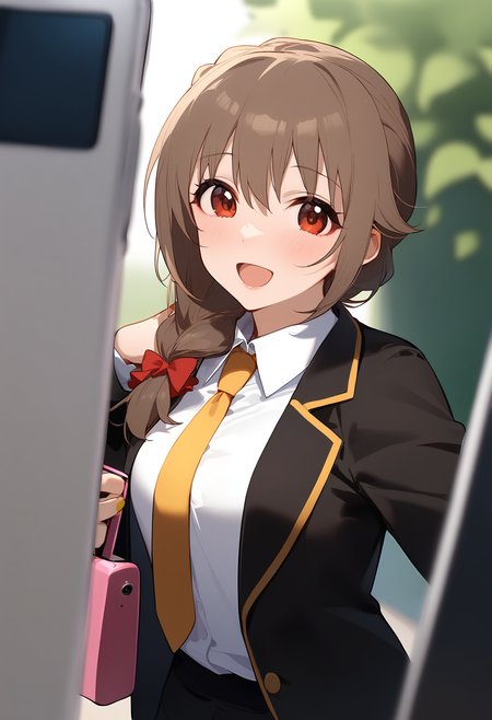 1girl,
senkawa chihiro,


single braid, brown hair, yellow nails, smile, long sleeves, holding phone, white shirt, shirt, nail polish, :d, long hair, open jacket, blurry, hair over shoulder, collared shirt, upper body, red eyes, necktie, yellow necktie, braid, phone, cellphone photo, cellphone, open clothes, depth of field, blurry foreground, solo, black jacket, jacket, hair between eyes, holding, blush,

sfw
<lora:a31_char_new_senkawa_chihiro-000016:1> <lora:a31_style_koni-000010:0.8>