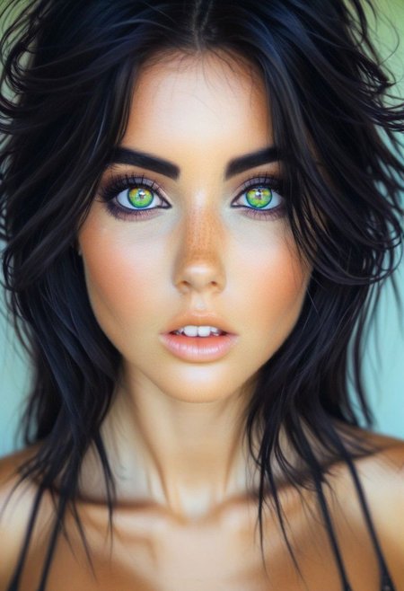 cute girl with large iridescent bright colorful eyes , intense gaze, toned torso and super thick dark black eyeliner and mascara. long hair down to shoulders, cute, dimples, slight smile, Exquisitely detailed close