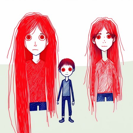 red theme, long hair, 2boys, no humans, looking at viewer, sketch, male focus