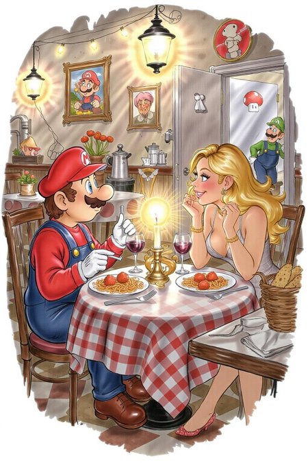 d0sn illustration.
A whimsical and lighthearted illustration of Super Mario dining with a blonde woman at a cozy Italian restaurant. Mario, in his iconic red cap and overalls, sits at a candlelit table across from the woman, who has long, flowing blonde hair and a chic, modern outfit. The table is set with classic Italian fare: a large plate of spaghetti and meatballs in the center, a basket of garlic bread, and two glasses of red wine.
Mario looks cheerful, gesturing animatedly with his fork, while the woman smiles warmly, enjoying the conversation. The restaurant's ambiance is romantic yet casual, with checkered tablecloths, string lights, and walls adorned with Mario-themed decor, like framed mushrooms and pipes. In the background, Luigi can be seen peeking from the kitchen door, subtly spying on the pair with a curious expression.
 <lora:d0sn_illus1_fl_d6a3:1.0> <lora:Flux-Sch-SingleBlocks-BF16:1.0><lora:803579031221111907:0>