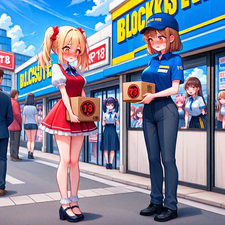 absurdres, explicit, blockbuster, storefront, huge box, R18 dvd case, holding, 2girls, a petite female, shy, blush, unhappy, angry, sweat, breasts, parted lips, twintails, short dress, a tall female, pants, employee uniform, height difference, glass wall, full body, road, shoes, signboard, R18 text poster, street, crowd, people, 6+girls, 6+boys, outdoor, sky, cloudy sky, looking down,<lora:girllikeblockbuster_ilxl:1>