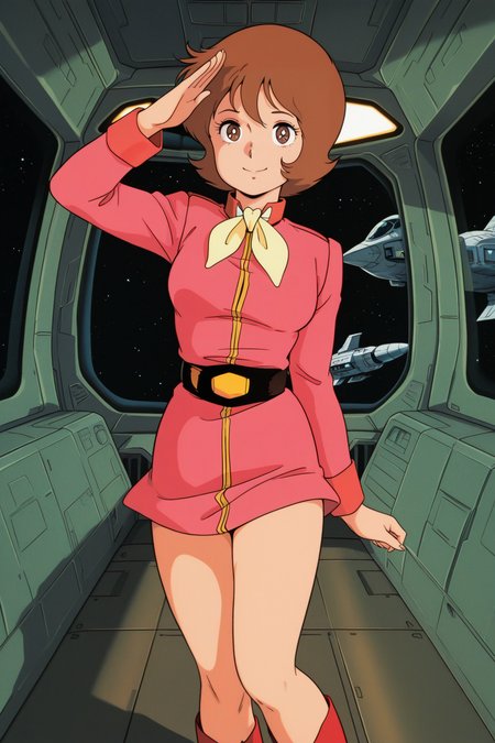 masterpiece, best quality, amazing quality, absurdres, frawbow79, brown hair, solo, smile, salute, looking at viewer, standing, pink military uniform, yellow ascot, bare legs, red boots, medium breasts, indoors, spacecraft, science fiction, retro artstyle