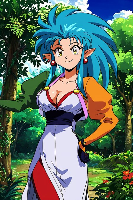 score_9, score_8_up, score_8, medium breasts, (curvy), cute, eyelashes,       ,,, , ,,, zzRyouko, spiked hair, long hair, yellow eyes, pointy ears, blue hair,  cleavage, long sleeves, gloves, jewelry, earrings, retro artstyle, 1990s (style), <lora:Ryouko_PDXL:1.0>,                         ,,,, BREAK, smile, looking at viewer, cowboy shot, ,,, outdoors, sky, day, cloud, tree, blue sky, sunny,  ,,, Expressiveh, ,,, <lora:Alola_Style_PDXL:0.8>, <lora:Expressive_H-000001:0.4>,