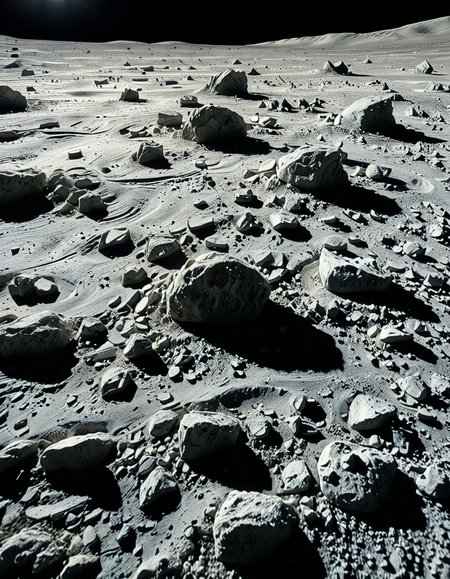 A high-resolution photograph of the Moon's surface, showcasing its rocky, cratered terrain with fine lunar dust. The foreground is dominated by detailed lunar regolith, with small rocks and uneven textures illuminated by the harsh, direct sunlight. Shadows are sharp and deep due to the lack of atmosphere. In the background, Earth appears as a vibrant blue and white sphere, partially illuminated, contrasting against the blackness of space. The composition is balanced, with Earth positioned slightly off-center to create a sense of depth and scale. The lighting is natural, with the Sun casting a bright glow on the lunar surface while leaving some areas in darkness, emphasizing the stark and desolate beauty of the Moon.
<lora:SDXLFaeTastic2400:0.4> <lora:extremely_detailed:0.4> extremely detailed, <lora:moon_surf4c3_v2:1>,moon surf4c3, Masterpiece,best quality,hi res,8k,hi res,8k,award winning,(sharp focus, intricate, highly detailed),