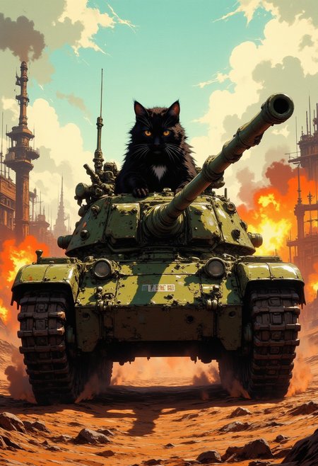 cinematic film still award winning photo .A little black cat riding a large tank into a battlefield. intense coloring,shallow depth of field, vignette, highly detailed, high budget, bokeh, cinemascope, moody, epic, gorgeous, film grain, grainy,anime, cyberpunk, Comic book style