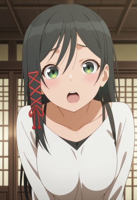 masterpiece,best quality,amazing quality, yae amagami, long hair, black hair, green eyes, 1girl, anime coloring, open mouth, solo, hair ornament, blush, ribbon