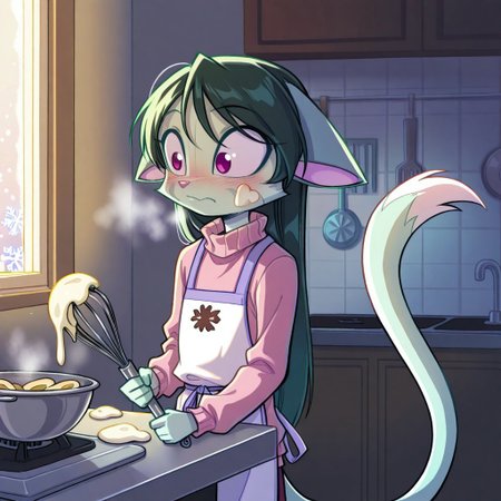 score_9, score_8_up, score_7_up,lilith_calah,
1girl,solo,furry,tail,dark green hair, source_furry,
 ,<lora:lilith_calah_illustrious:0.8>,
child, kid,
pink_sweater, apron, holding_whisk, dough_on_cheek, kitchen, steaming_cookies, blush, winter_window, snowflakes, warm_lighting