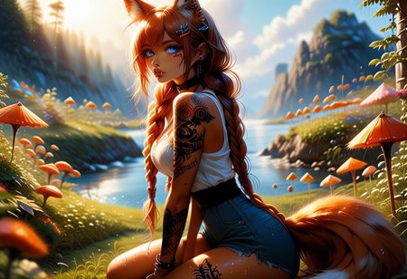 realistic, photographic, real life, analog style, raw photo, masterpiece, best quality, highly detailed skin, (side view, full body view, wide shot), 1girl, skinny body, (medium tan skin), ultra long hair, orange hair, twin braids, blue eyes, big round eyes, wet lips, heavy firm breasts, narrow waist, wide hips, skinny body, pleased, laced necklace, ruined make-up, piercings, arm bracelet, rings, furry, fox tail, fox ears, fox eyes, kneeling in the grass, with mushrooms in background, scenery, cinematic lighting, volumetric lighting, colorful, jewelry, sticker, hair ornament, hairclip, ear piercing, ring, choker, tattoos