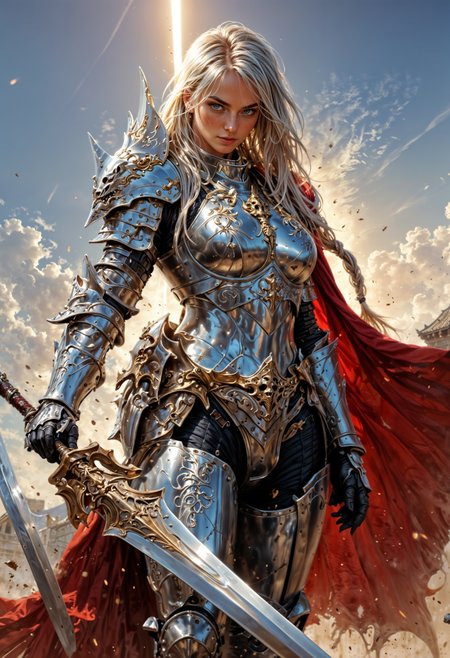 A fiercely elegant female warrior, her blonde hair cascading down her strong shoulders, wields a gleaming battle axe with confidence and poise. The image is a stunning oil painting, with colors so vivid they almost seem to leap off the canvas. Her piercing gaze and determined expression speak volumes about her strength and bravery, captivating viewers with her beauty and power. This masterfully crafted portrayal of a warrior woman exudes an aura of strength and resilience, making it a truly mesmerizing piece of art.
<lora:EpicF4nta5yXL:0.6>, <lora:CinematicStyle_v1:0.8>, <lora:DetailMaximizer:0.7>