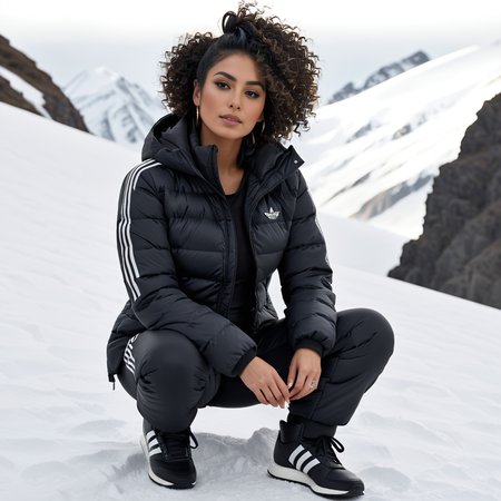 (full body shot| ) (dark cinematic still, dark vibes) sexy latina woman ,unique, wearing  snowpants and adidas_puffer_jacket,  unique hair styles, 8k uhd, dslr, high quality, photorealistic, realism, hyperrealism,((sitting scene)), outdoors
 <lora:snowpants_v1-000003:0.4>
 <lora:adidas_puffer_jacket_v1:0.7>
