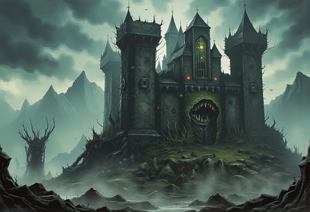 Ilustration in DarkestDungeon style  of ruined castle placed on the island that is floating in the air above the mountains covered in Creeping Fog.
The castle is overgown with shapeless flesh growin in random part of the castle, the flesh on castle walls is also covered in eyes, eyes on the fleshy parts of castle are empy, black and have no pupil or iris, just pure black sclera. 
In the castle windows there are diffrent set of eyes, massive glowing yellow ones with red glowing pupils.
The castle gate is a gianting gaping mouth filled with multiple ets of teeths.
the ground around the castle is filled with old bones, and fleshy tentacles.