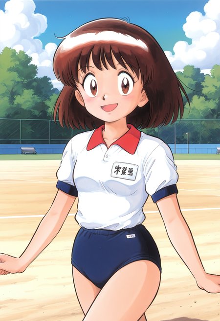 best hands, 5 fingers <lora:shina chara_IL1.2:0.8> retro artstyle, from behind, looking back, 
shina chara, shina_style, 1girl, solo, ayumi, looking at viewer, smile, closed mouth, brown short hair, brown eyes, small breasts, 
gym uniform, short sleeves, collared shirt, buruma, name tag,
outdoors, day, Schoolyard, cloudy sky, shadow,
running, 
<lora:AIã¤ã©ã¹ããããã_style_illustrious_goofy:1>
