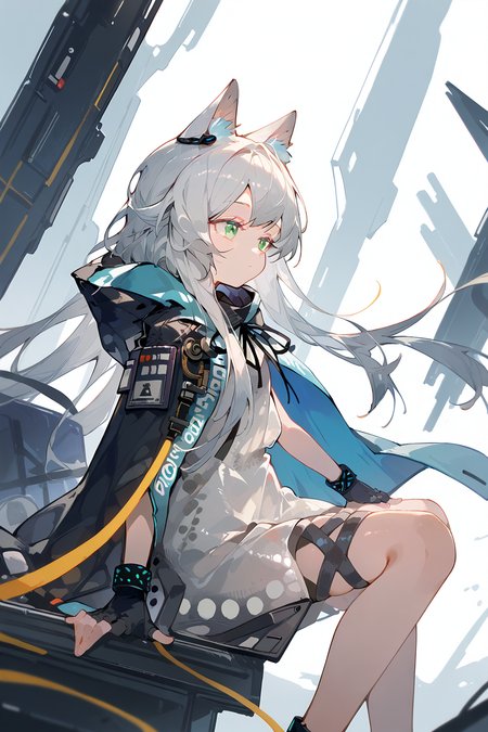 (score_9,score_8_up,score_7_up),<lora:Rosmontis(Arknights)-v1:1>,Rosmontis(Arknights),1girl,rosmontis (arknights),solo,animal ears,long hair,green eyes,gloves,fingerless gloves,dress,cat ears,white dress,black gloves,hood down,hood,grey hair,bangs,jacket,very long hair,animal ear fluff,infection monitor (arknights),cat girl,profile,floating hair,white hair,black jacket,earpiece,hooded cloak,cloak,thigh strap,black ribbon,outstretched arm,from side,sitting,
good feet,anime,NSFW,expressive,amazing quality,ultra hd 32k,