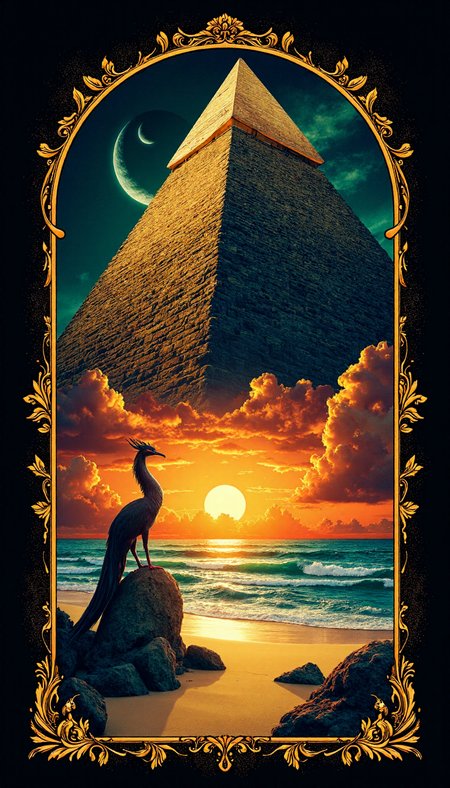Moody and cinematic images screen-printed vibrantly on black paper,Create a Masterpiece of an ultra-detailed illustration, phantasmal, phoenix, sphinx, a secluded, sandy beach at sunset,Beautifully Rendered,Ornate,Unrivaled,Magnificent,lomo effect,soft shaded,<lora:detailer_flux_v1:1>,detailerlora,<lora:VividMidjourneymimic-Flux_v1.0:0.6>,midjourneyv6.1,<lora:ImageUpgraderV2:0.5>,detailmaximizer,