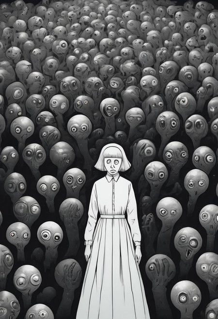 score_9, score_8_up, score_7_up, a background of eyeballs in a black void, 1 women cowering in fear, suffering from fear, guro, mind broken