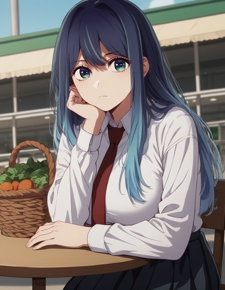 score_9, score_8_up, score_7_up, source_anime, <lora:akane-kurokawa-s2-ponyxl-lora-nochekaiser:1>, akane kurokawa, long hair, bangs, blue eyes, large breasts, black hair, blue hair, multicolored hair, gradient hair,, skirt, shirt, long sleeves, school uniform, white shirt, pleated skirt, necktie, collared shirt, black skirt, red necktie,, farmers market, fresh produce, local vendors, baskets, sunny day, community, , looking at viewer, sitting, elbow rest, table,, solo,, cowboy shot, dutch angle,