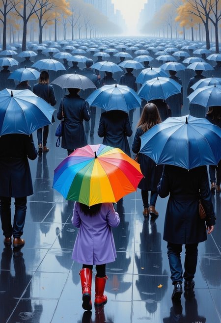 Full shot of a painting, likely acrylic. 
The scene is a city street on a rainy day.  Numerous people are walking, each holding a dark blue umbrella. The umbrellas are various sizes and are subtly differing shades of deep blue, forming a dense pattern across the image, giving the impression of depth and movement.
One person is holding a multi-colored rainbow umbrella. It is a striking contrast to the uniformity of the blue umbrellas held by the other figures. The individual holding the colorful umbrella is a child or young person, wearing a light bluish-purple/lavender coat, and a pair of bright red boots that stand out against the wet pavement below.  
The wet street is reflected in the painting, making the whole scene appear misty and atmospheric. The figures are not depicted in great detail, but they are distinguishable as people walking. Subtle variations in shades of gray and blue on the figures and reflections on the ground give a sense of a rainy day's ambiance.  The light source in the painting is diffused, suggesting an overcast day. The overall impression is one of a serene yet evocative scene of people navigating a rainy day., <lora:FLUX-daubrez-DB4RZ-v2:0.9> DB4RZ, DB4RZ style painting, <lora:ImpurePores:0.85> xlr_skin,