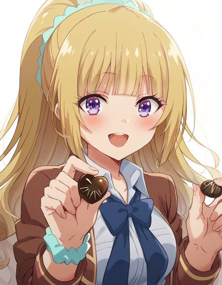 score_9, score_8_up, score_7_up, source_anime, <lora:kei-karuizawa-anime-s2-ponyxl-lora-nochekaiser:1>, kei karuizawa, long hair, bangs, blunt bangs, purple eyes, blonde hair, hair ornament, ponytail, scrunchie, blue scrunchie, medium breasts,, <lora:incoming-chocolate-ponyxl-lora-nochekaiser:1> incoming food, chocolate, holding, holding chocolate, holding food, food, looking at viewer, open mouth, blush, smile, school uniform,, ,