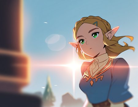 masterpiece, best quality, good quality, newest, the legend of zelda, Zelda, 1girl, solo, very aesthetic, backlighting, lens flare, (solo focus:1.2),  depth of field, cinematic,