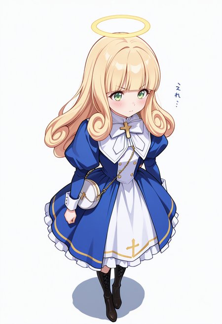 Smooth Quality,masterpiece,very intricate, high quality details, ultra realistic, high detailed skin,detailed enviorement,absurdres,
\m/ ,
 <lora:Poporon_CNR:0.8> poporon_cnr, 1girl, blonde hair, long hair,blunt bangs, green eyes, poporon_cnr_def, blue dress, long sleeves, puffy sleeves,cross,handbag, knee boots, halo,curly hair,, blush,, simple background, white background, from above,solo,