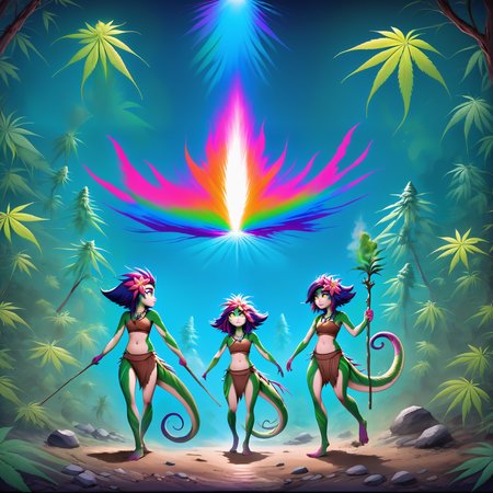 oil painting, clones, multiple girls, dancing, tribal wear, staff, shaman, sacred bonfire, green flame, smoke, psychedelic experience, forest, abstract patterns, (multicolor, rainbow:1.2), abstract, <lora:marijuana:0.9>, marijuana plant, l <lora:neeko-xl-nvwls-v1:1>, neeko, multicolored hair, colored skin, facial mark, forehead mark, hair ornament, hair flower, necklace, brown crop top, midriff, brown shorts, loincloth, lizard tail, walking, dirt path, stones, boulder, moss, overgrowth, chiaroscuro, reflection, stars,